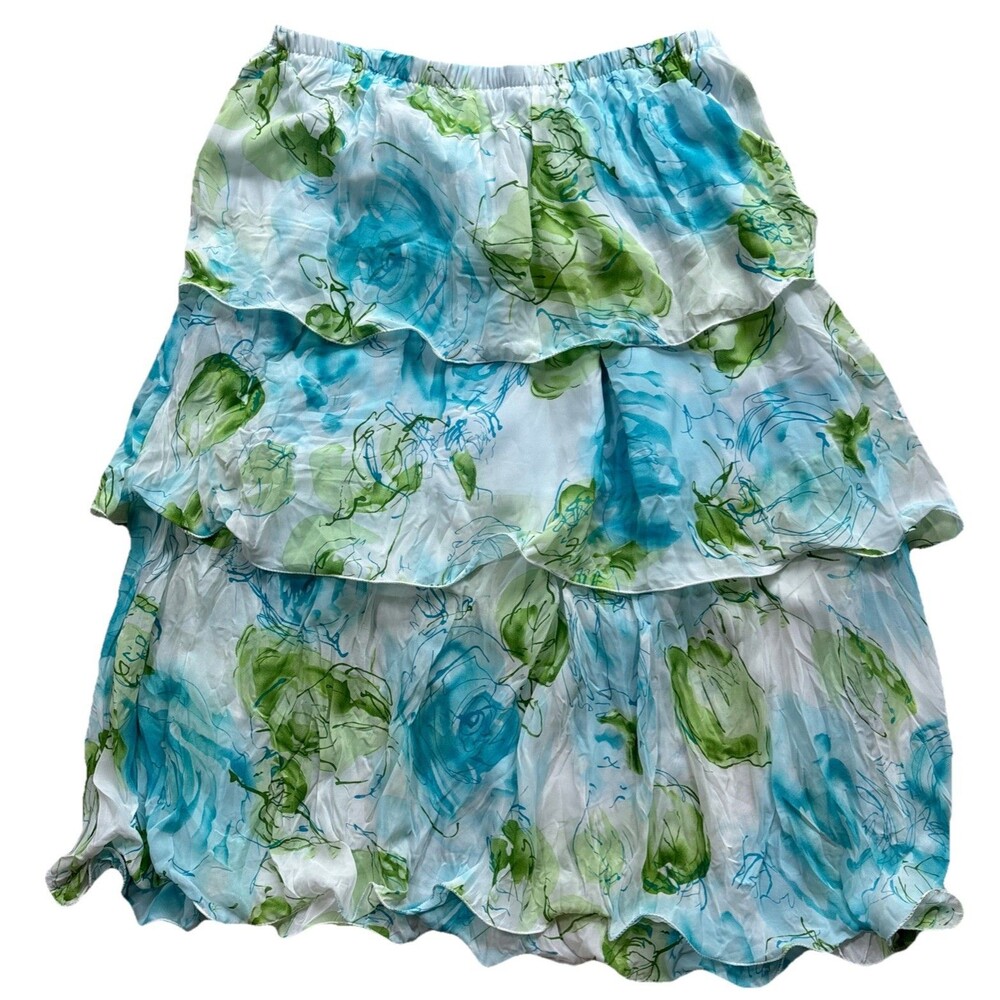 Floral Tiered Ruffle Midi Skirt Blue Green Romantic Cottagecore Size M - Picture 3 of 9